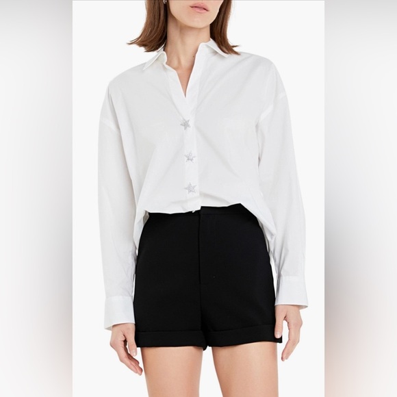 English Factory White Crystal Button Embellished Star Button Down Shirt - Picture 7 of 14